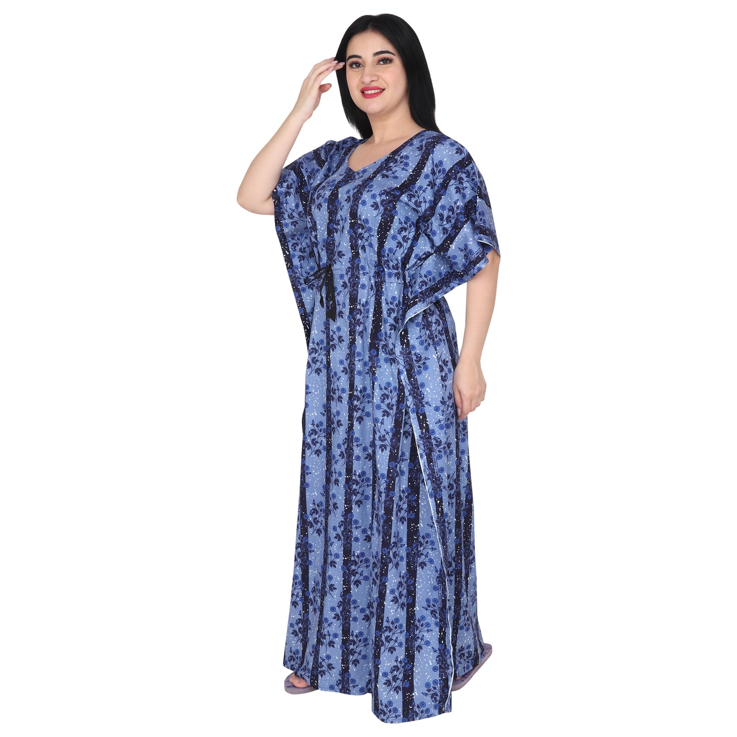 Printed Cotton Kaftan Nighty For Women - Blue_KF0043_B