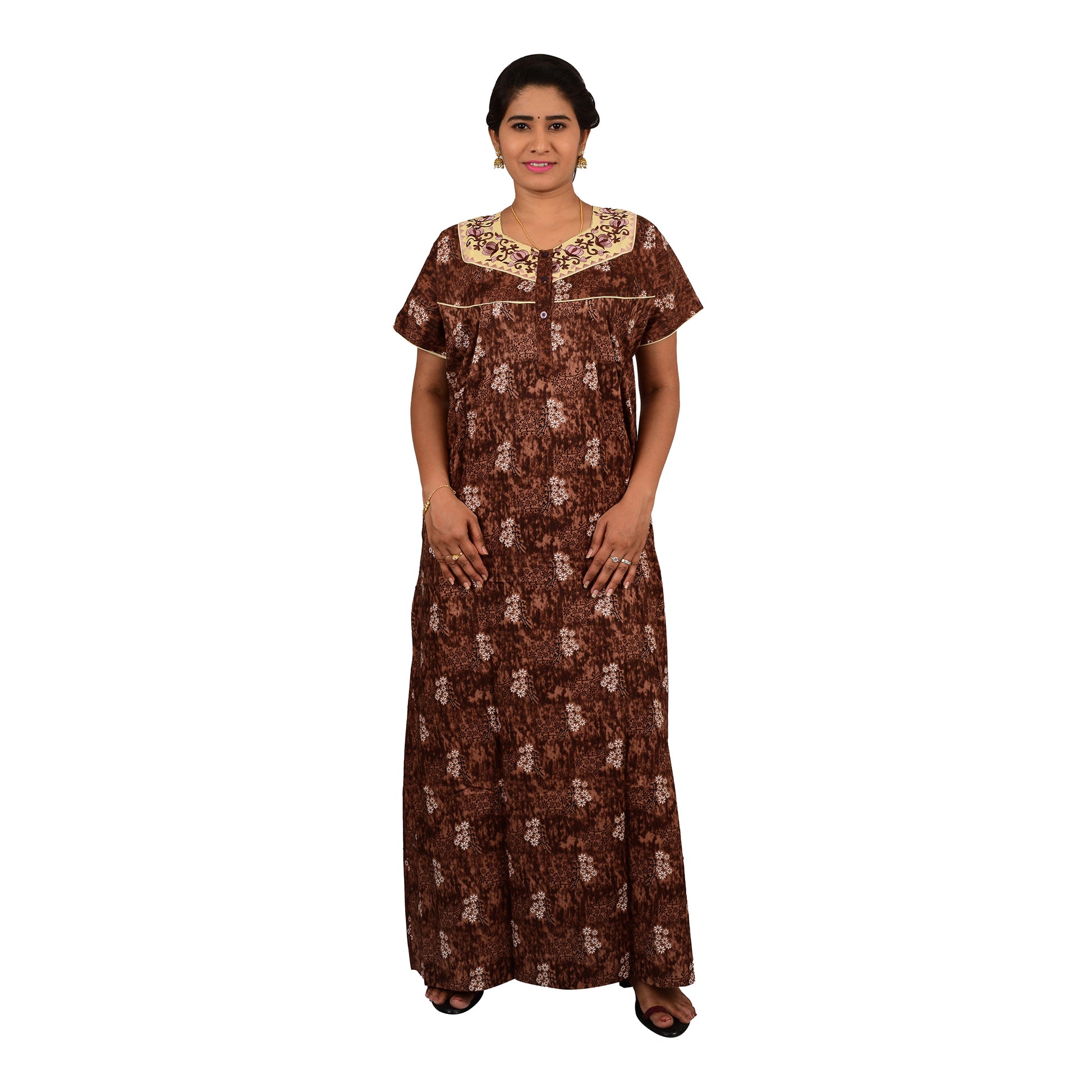 Embroidery Printed Cotton Nighty For Women - Brown