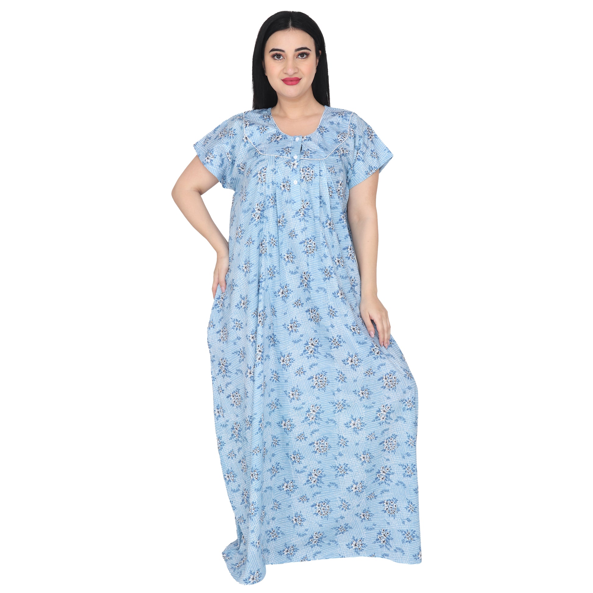 Printed Cotton Nighty For Women - Blue