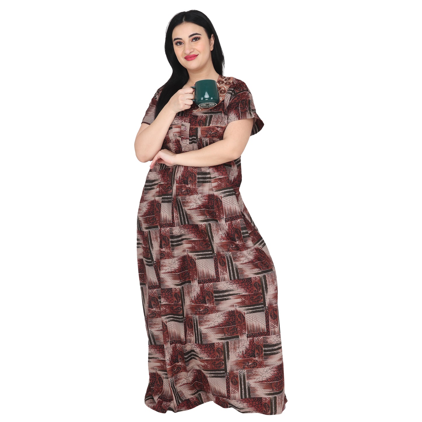 Embroidery Printed Cotton Nighty For Women - Brown