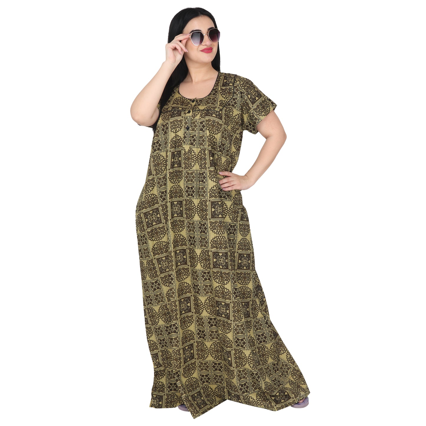 Printed Cotton Nighty For Women - Light Green