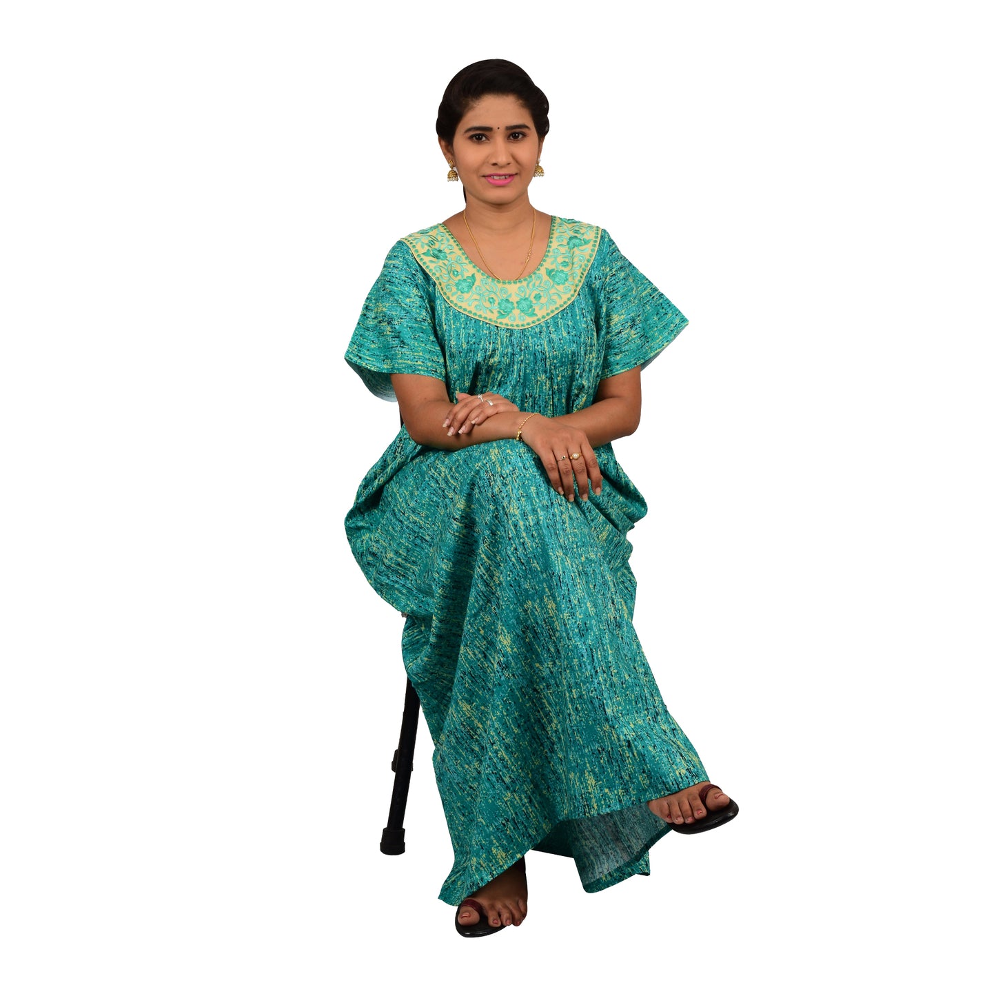 Embroidery Printed Cotton Nighty For Women - Green