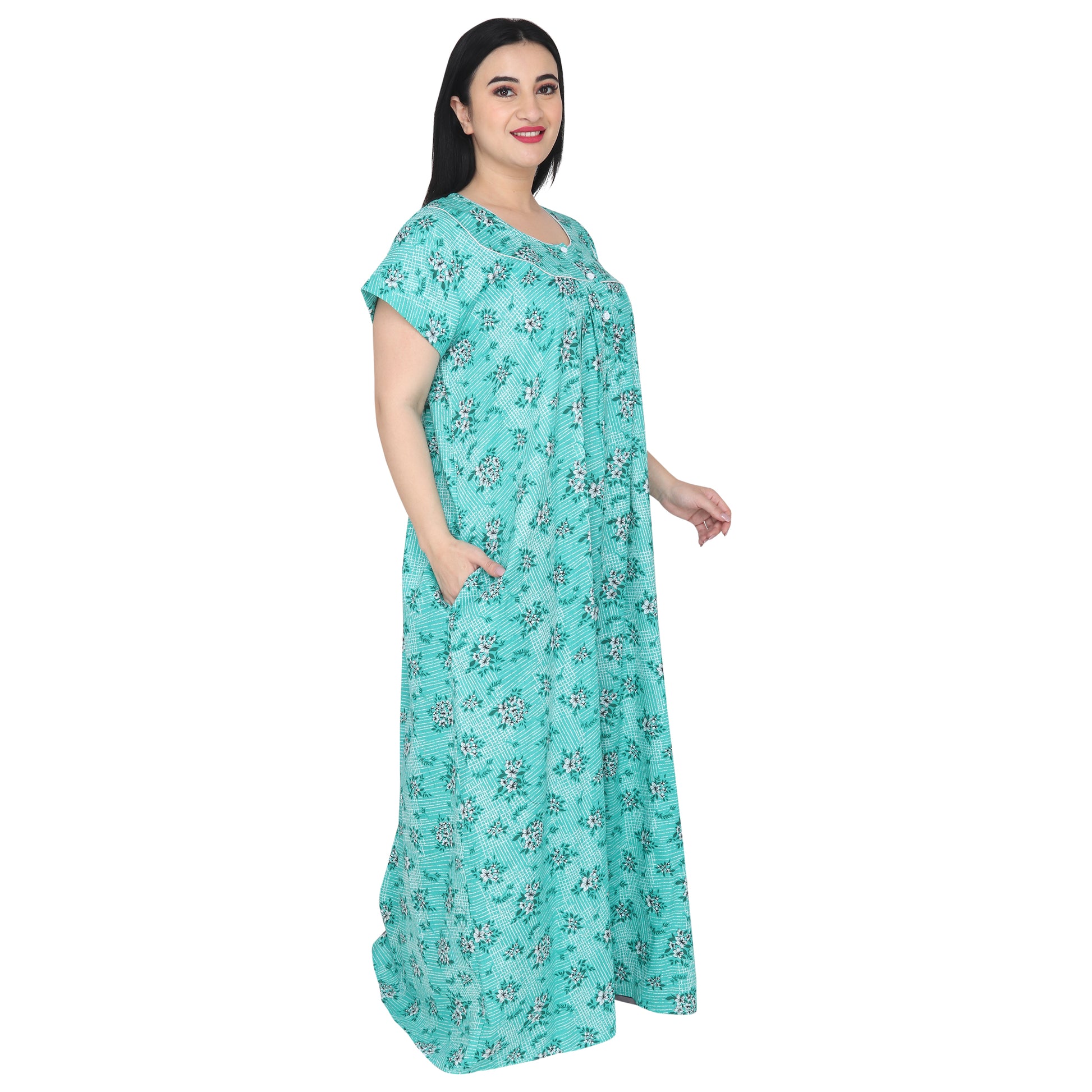 Printed Cotton Nighty For Women - Green