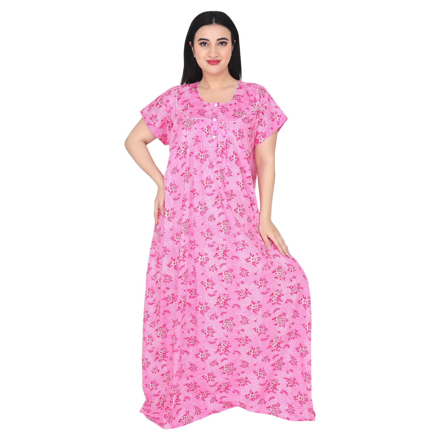 Printed Cotton Nighty For Women - Pink