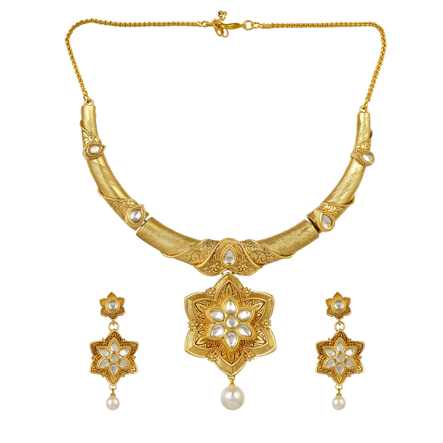 Gold Plated Kundan Necklace and Earrings Imitation Jewelry Set for Women and Girls