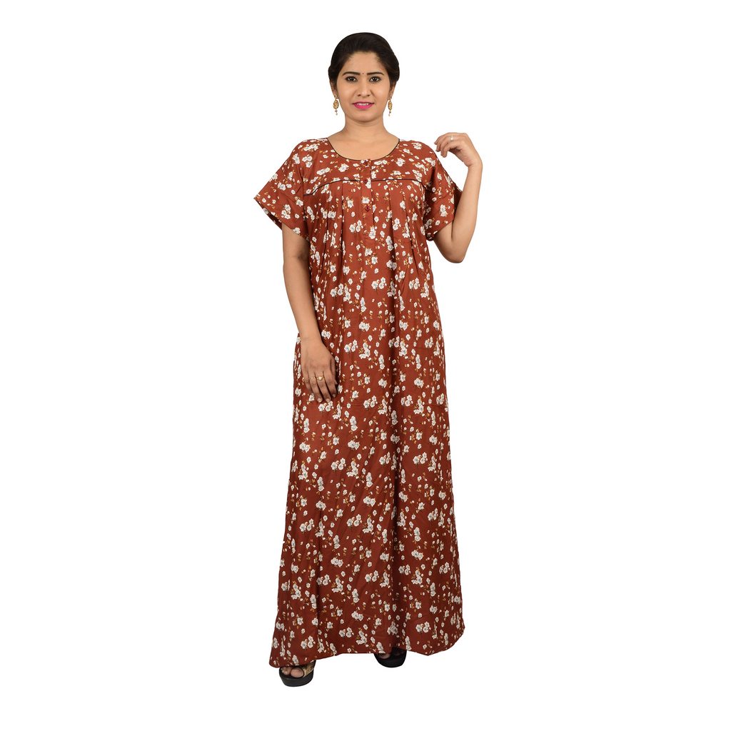 Printed Rayon Nighty For Women - Red