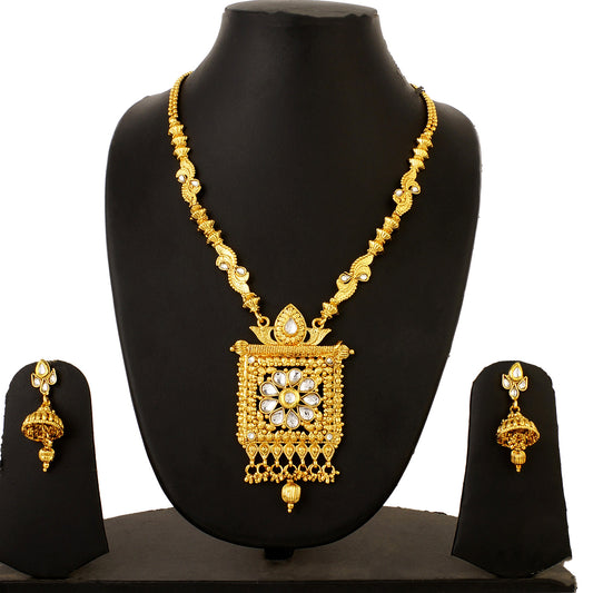 Gold Plated Traditional Long Kundan Pearl Necklace and Jhumki Earrings Fashion Jewelry Set for Women and Girls