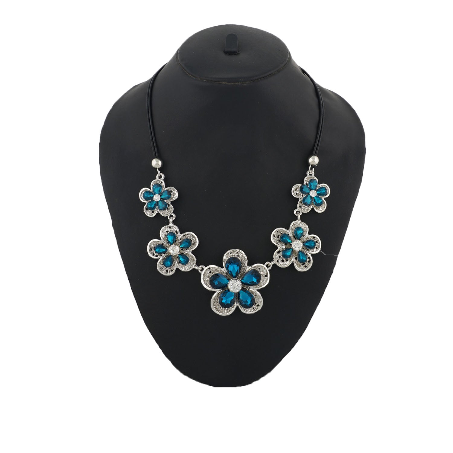  Silver and Blue Coloured stones studded Floral  Necklace For Girls and Women