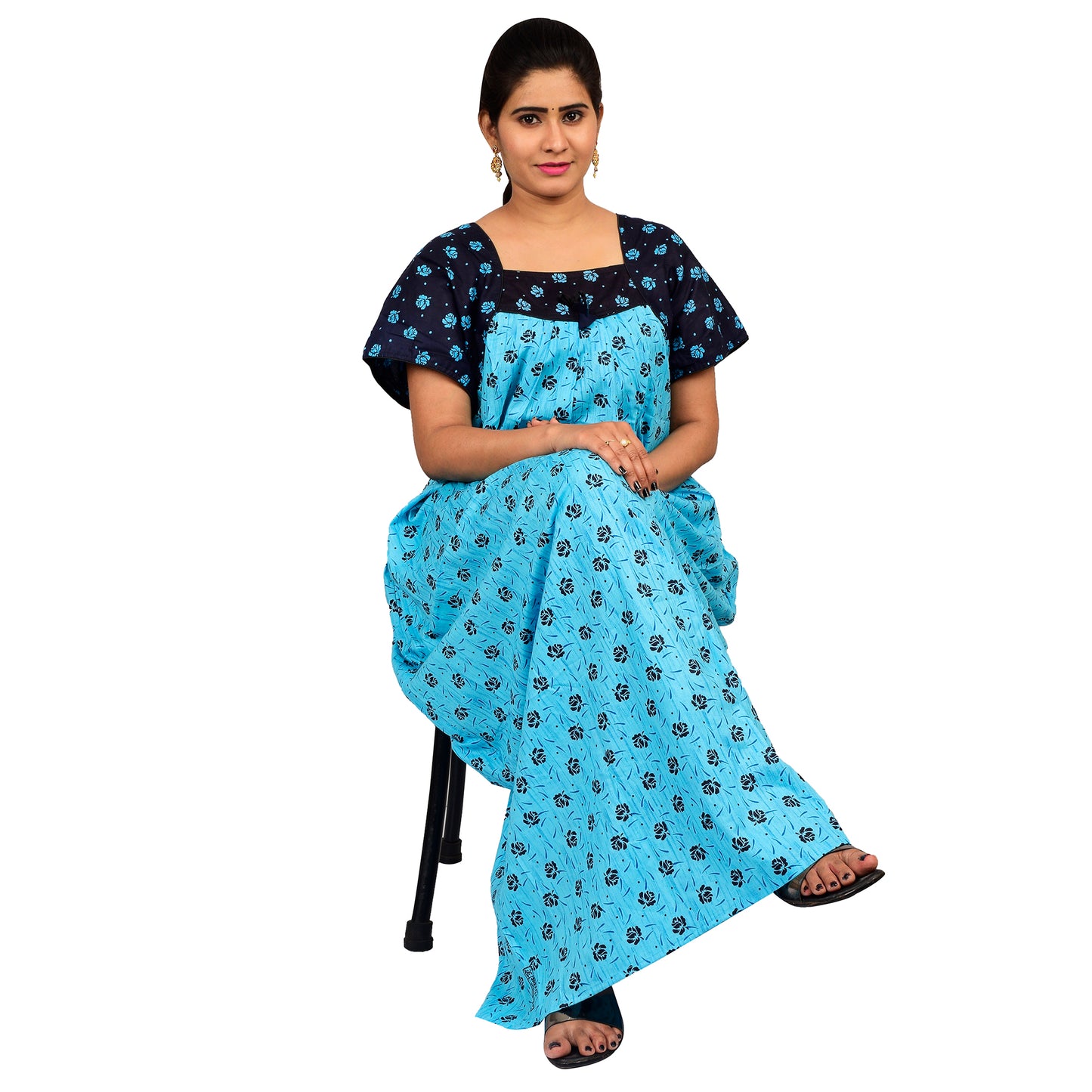 Printed Cotton Nighty For Women - Blue