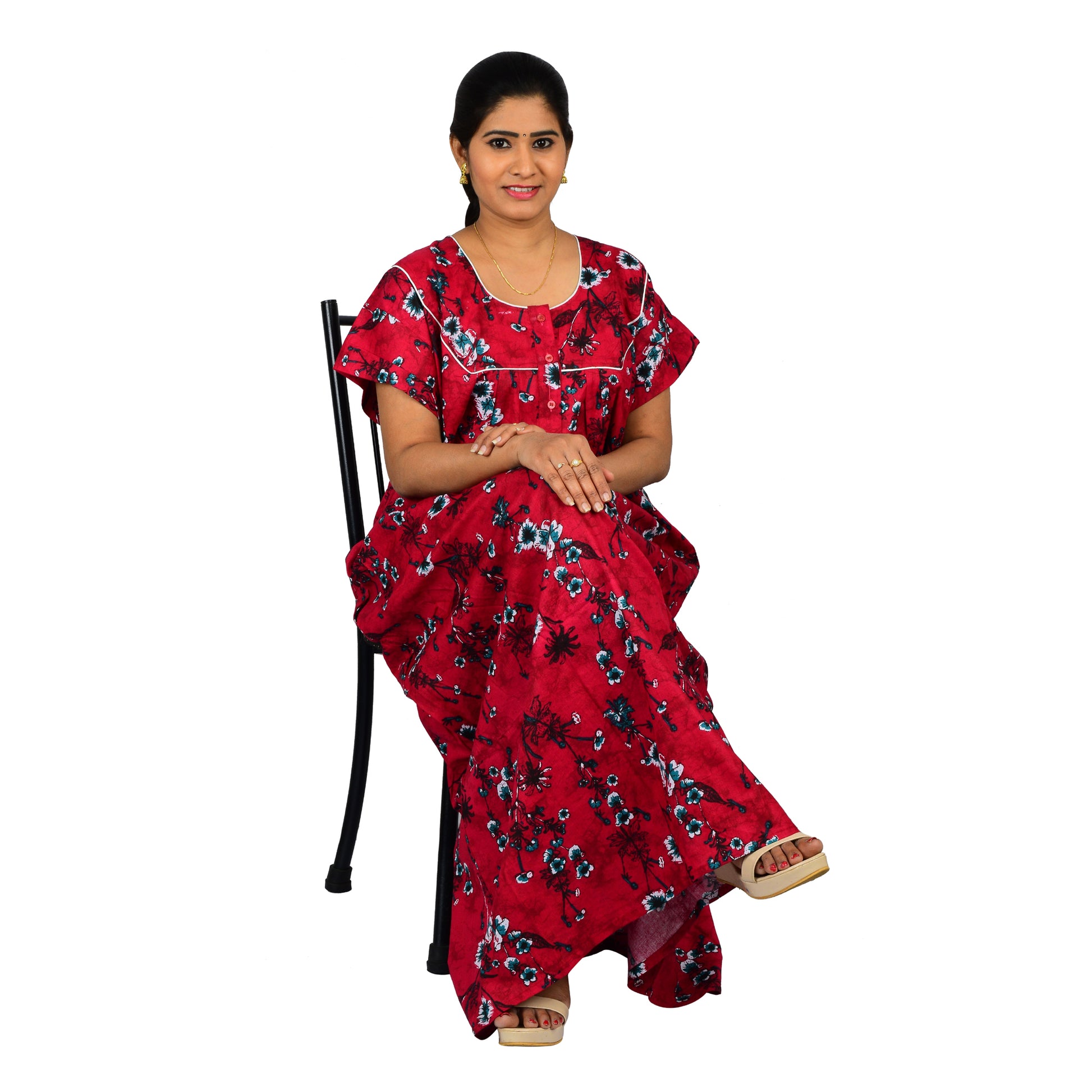 Printed Cotton Nighty For Women - Red