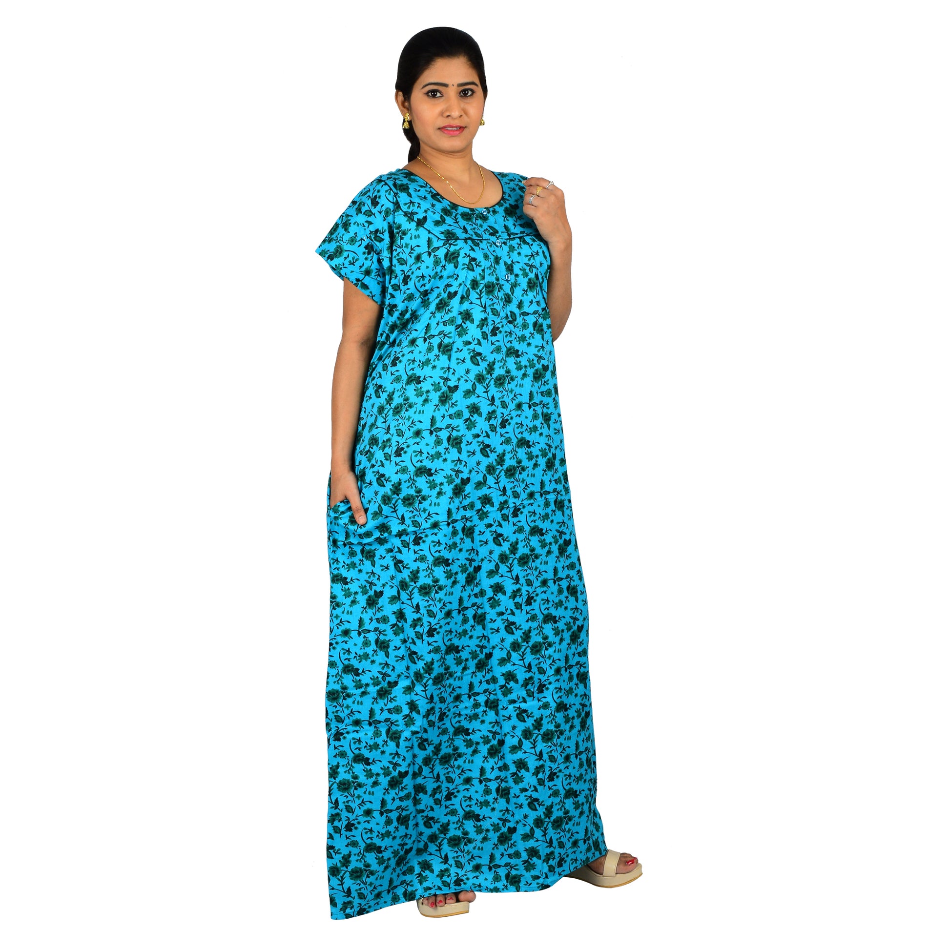 Printed Cotton Nighty For Women - Blue