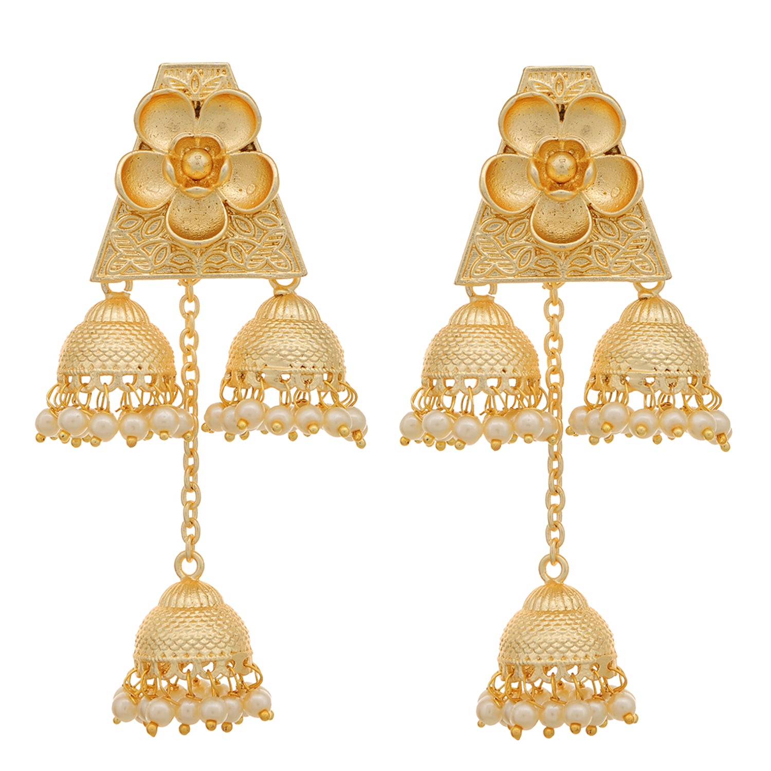 Gold Plated Floral Three Jhumki Designer Pearl Brass Earrings for Girls and Women
