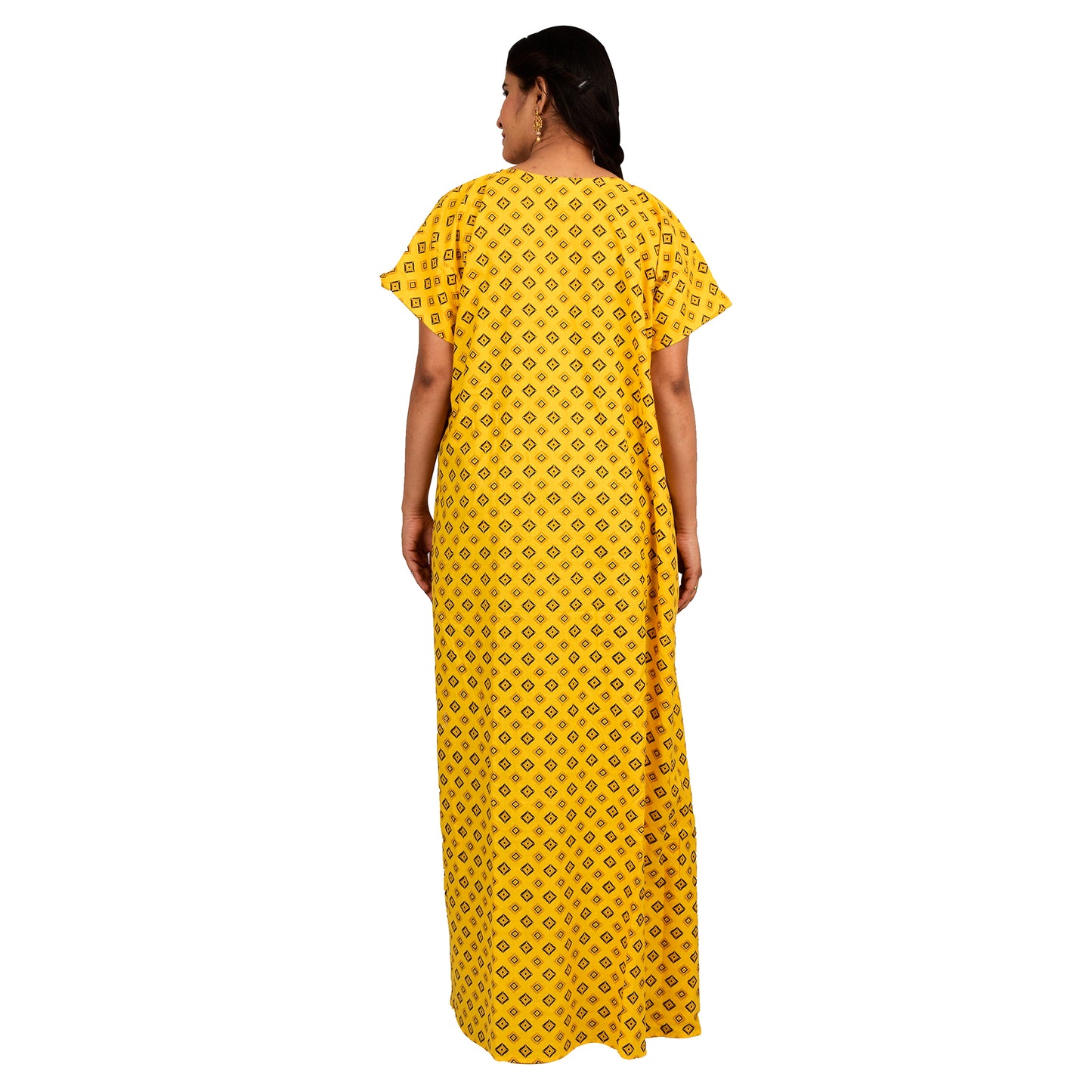 Embroidery Printed Cotton Nighty For Women - Yellow