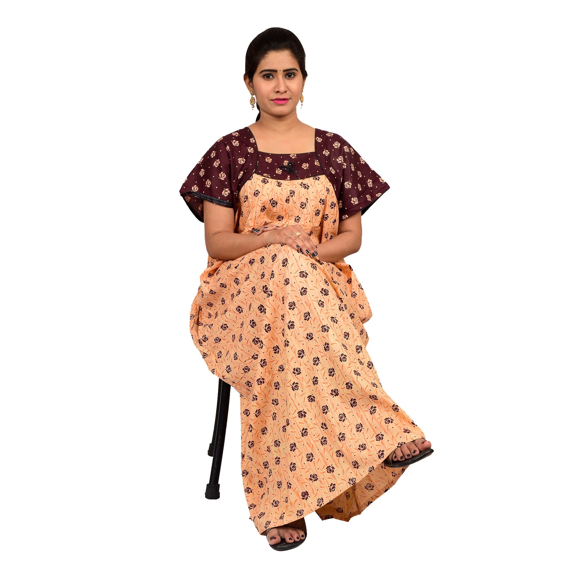 Printed Cotton Nighty For Women - Peach