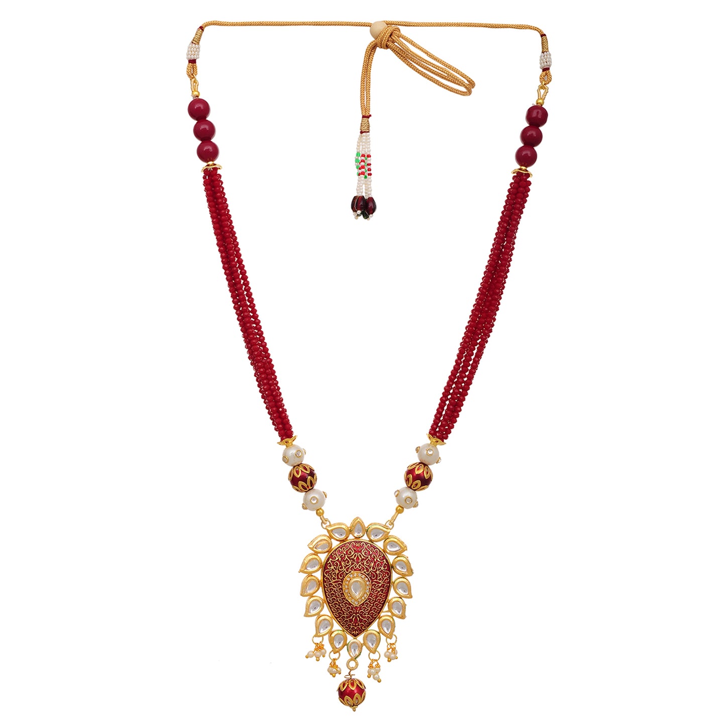 Gold Plated Enameled Kundan Meenakari Beaded Necklace with Earrings Set for Women (Red)