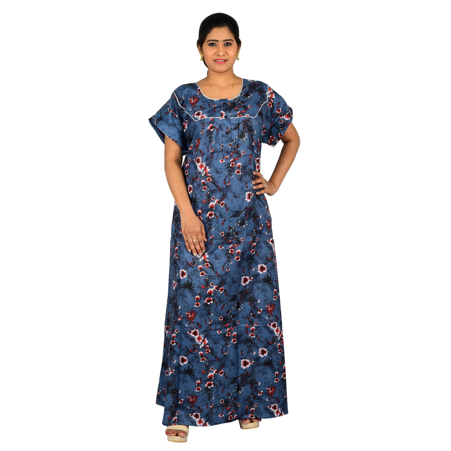 Printed Cotton Nighty For Women - Blue