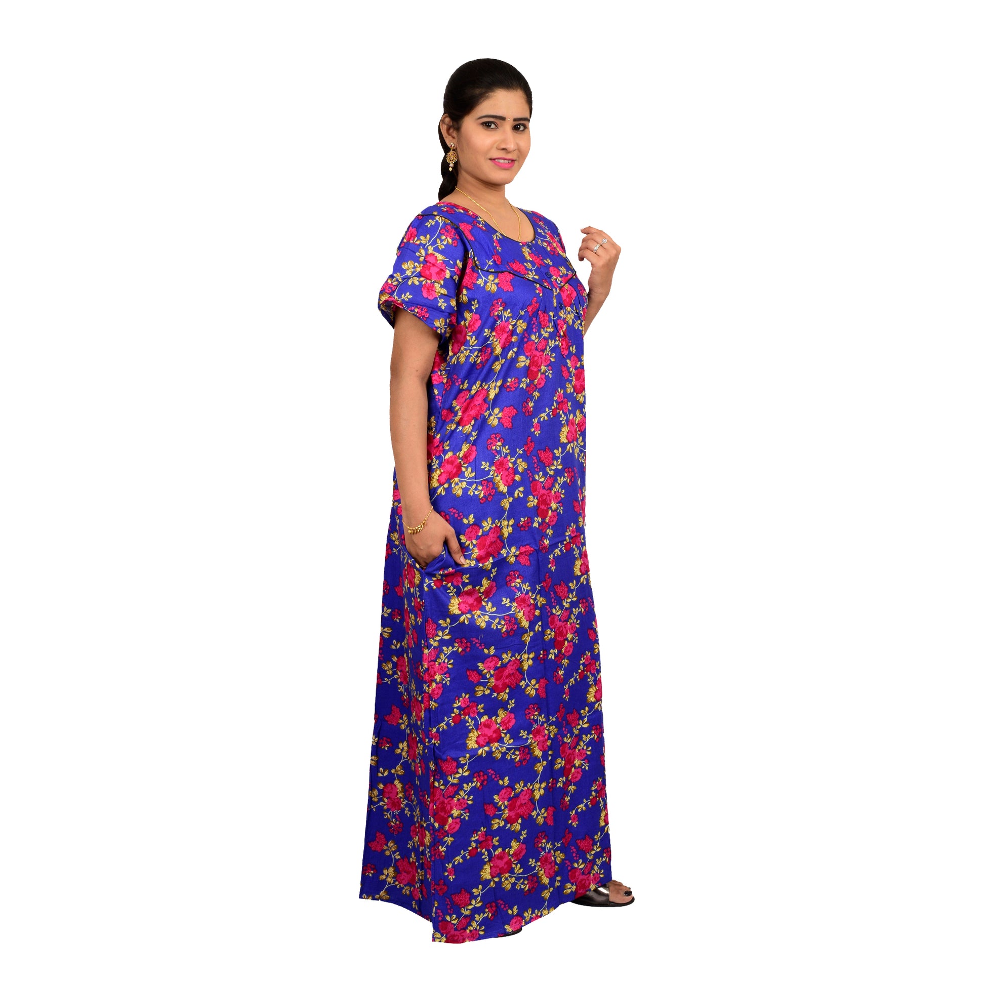 Printed Cotton Nighty For Women - Blue