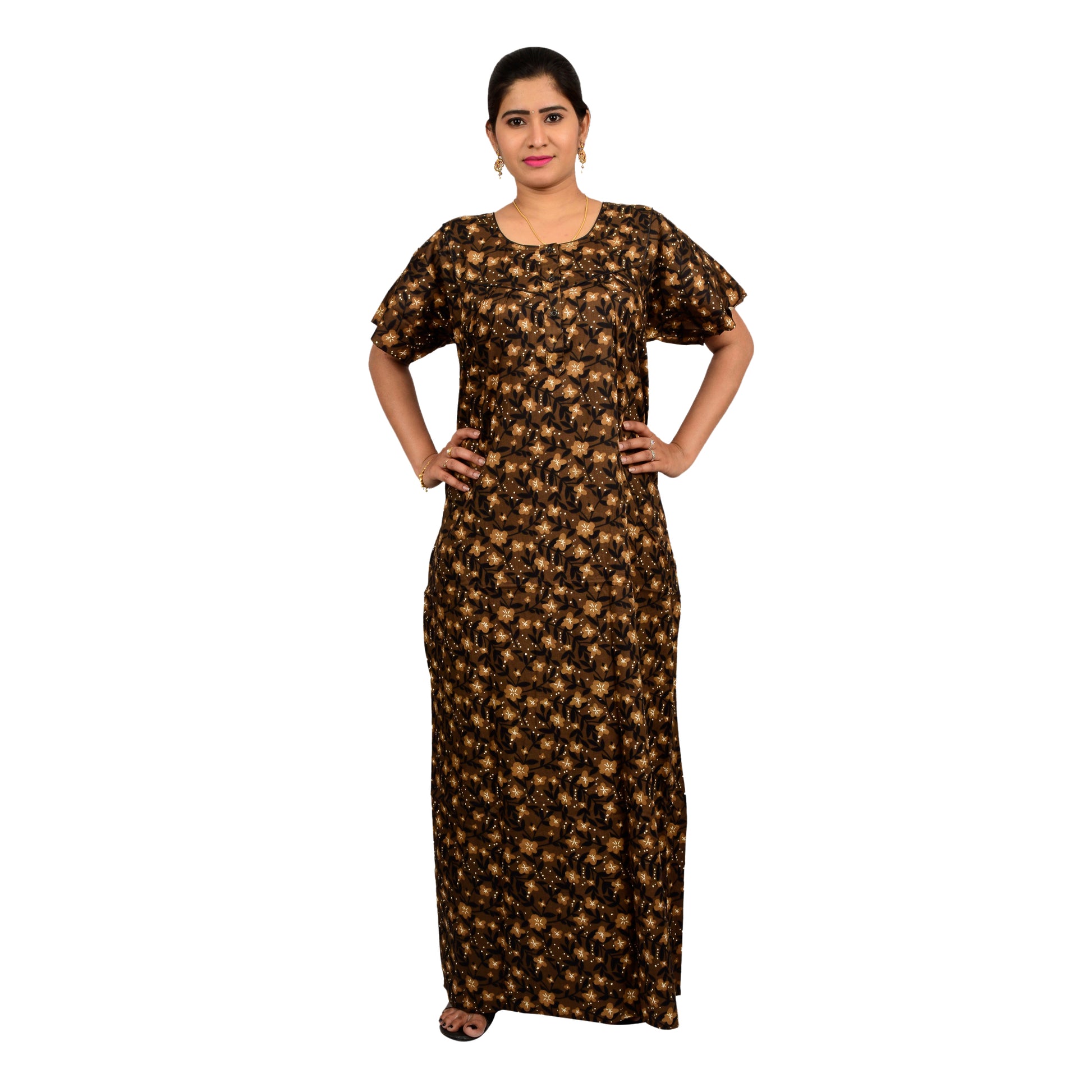 Printed Cotton Nighty For Women - Brown